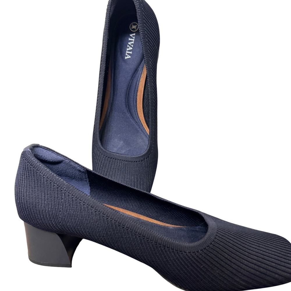 New!Vivaia Women Navy Blue Ribbed Knit Square Toe Block Heel Pumps Shoes